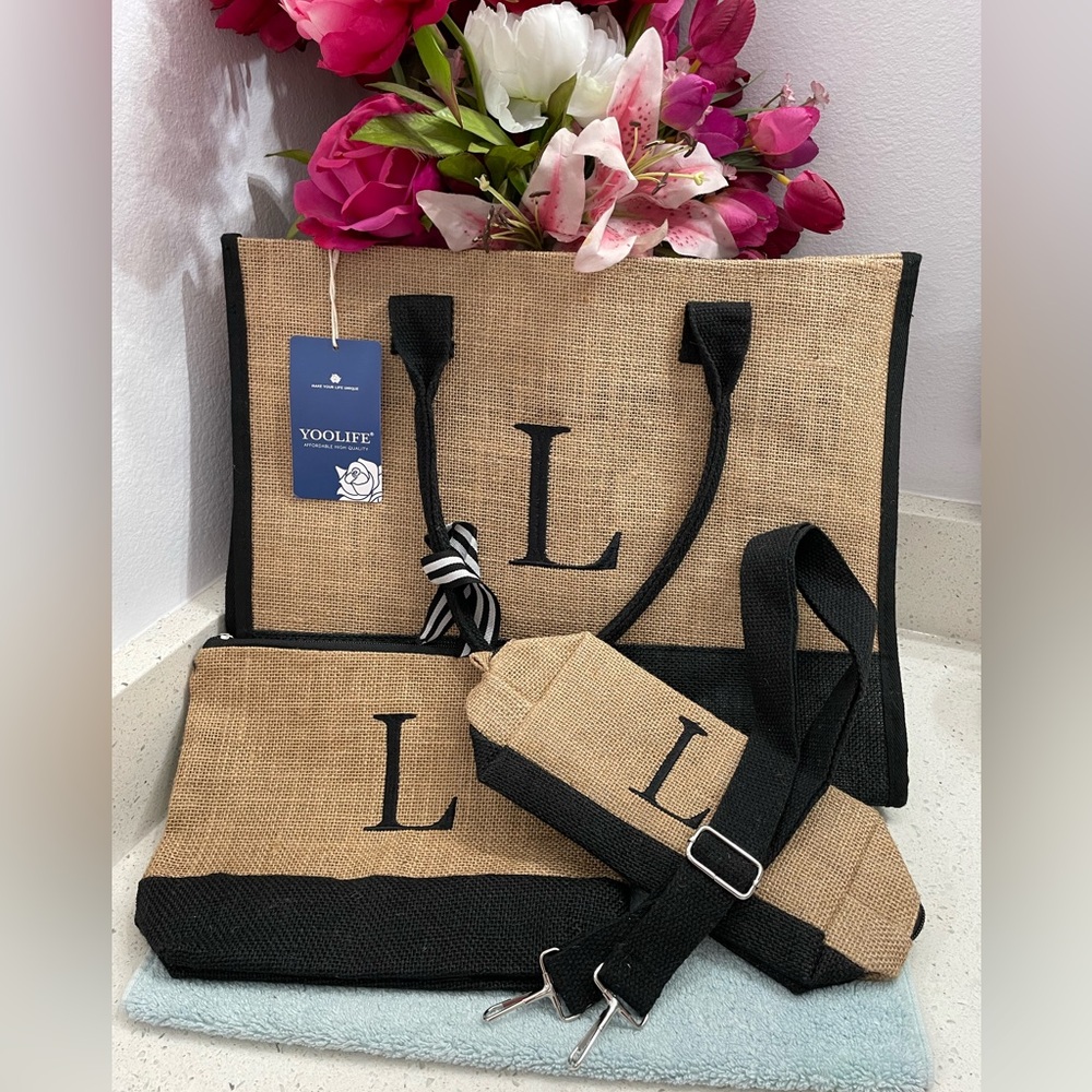 Jute Tan and Black Women's Tote Bag Set